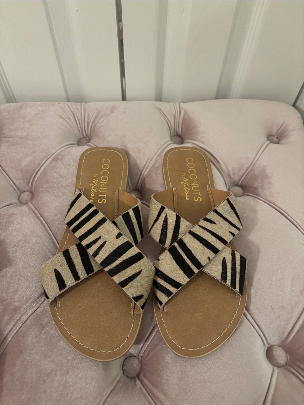 Coconuts by Matisse Zebra-Print Cross Strap Slide Sandals - Black & Cream
